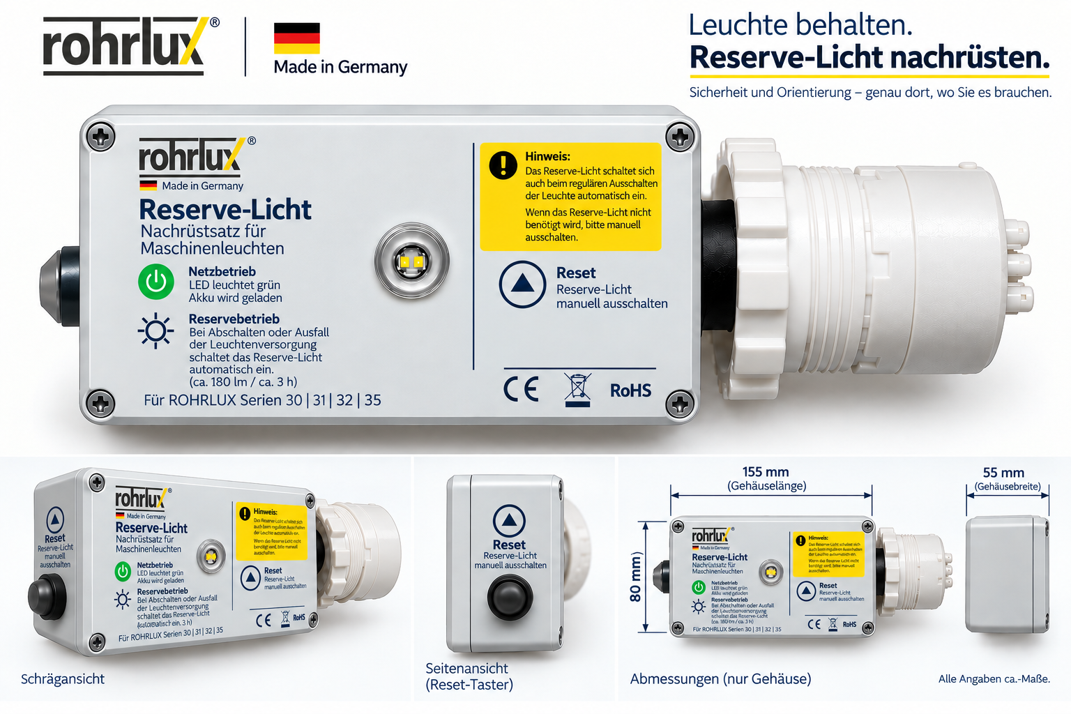 Reserve-Licht Nachrüstsatz für Rohrlux Maschinenleuchten Serien 32/ 35 / 30/31